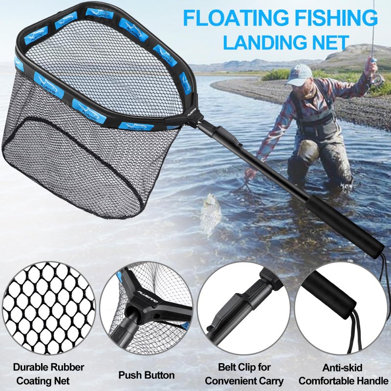 PLUSINNO Floating Fishing Net for Steelhead, Salmon, Fly, Kayak, Catfish, Bass, Trout Fishing, Rubber Coated Landing Net for Easy Catch & Release, Compact & Foldable for Easy Transportation & Storage - Image 2