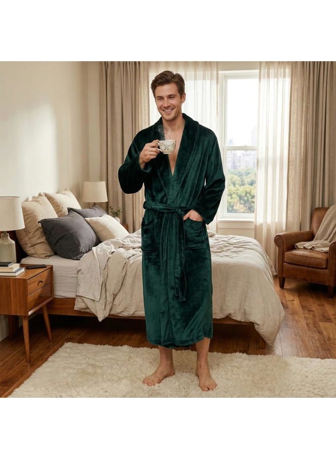 U2SKIIN Mens Fleece Robe Plush Collar Shawl Bathrobe, A-dark Green, L-XL - Image 5