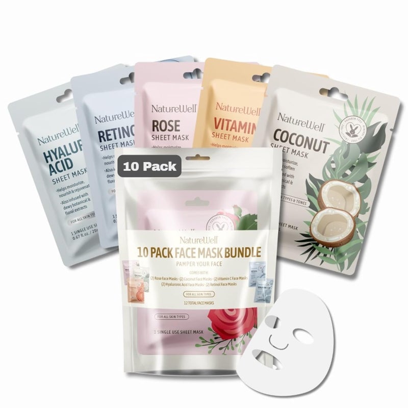 NATURE WELL Single Use Face Mask Sheet Skincare Treatment Multipack For All Skin Types Includes Hyaluronic Acid Rose Retinol Coconut  Vitamin C Pack of 10