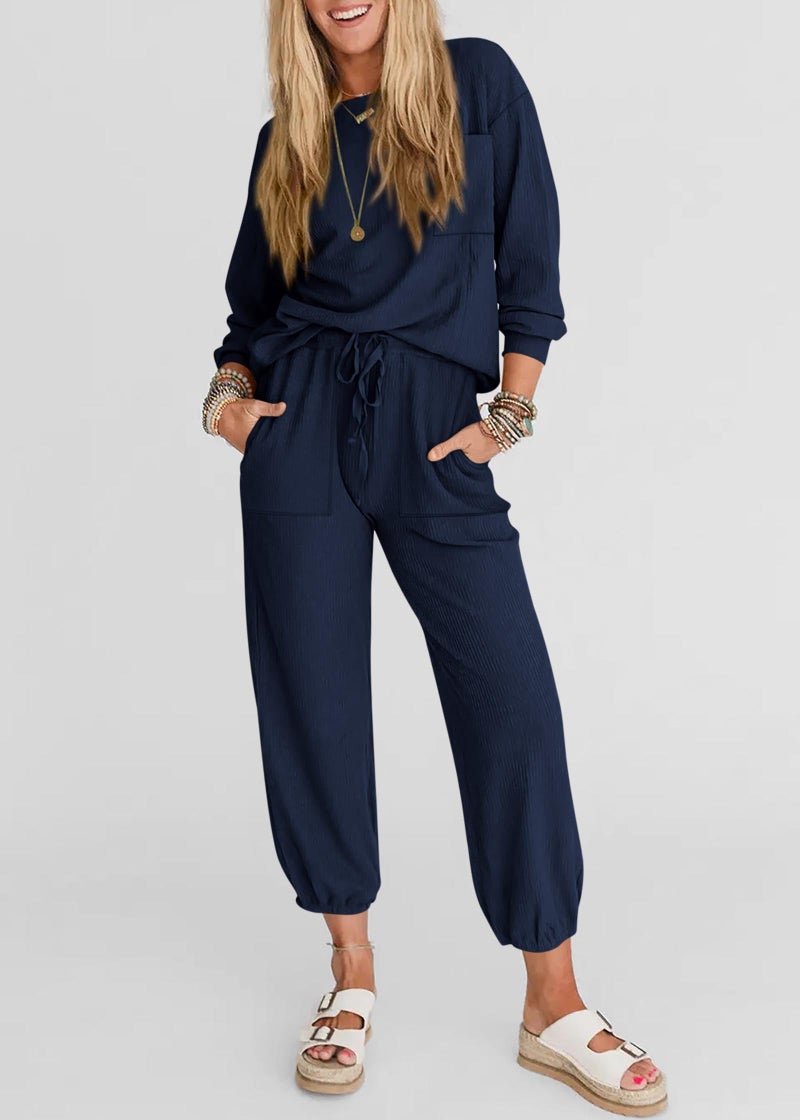 KIRUNDO Lounge Sets for Women 2026 Spring Airport Travel Outfits Ribbed Knit Tops Jogger Pants Tracksuit Postpartum Comfy Set(Navy, Medium) - Image 4