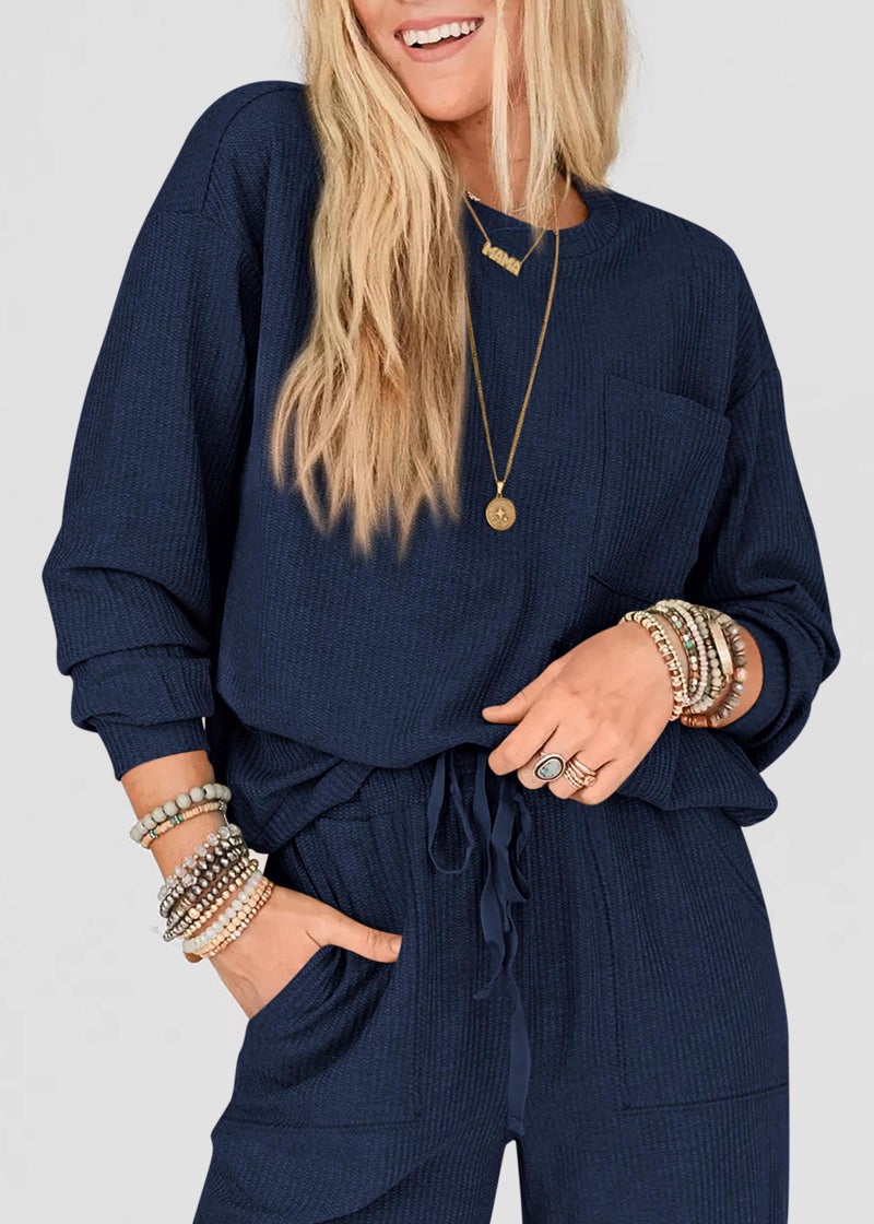 KIRUNDO Lounge Sets for Women 2026 Spring Airport Travel Outfits Ribbed Knit Tops Jogger Pants Tracksuit Postpartum Comfy Set(Navy, Medium) - Image 5