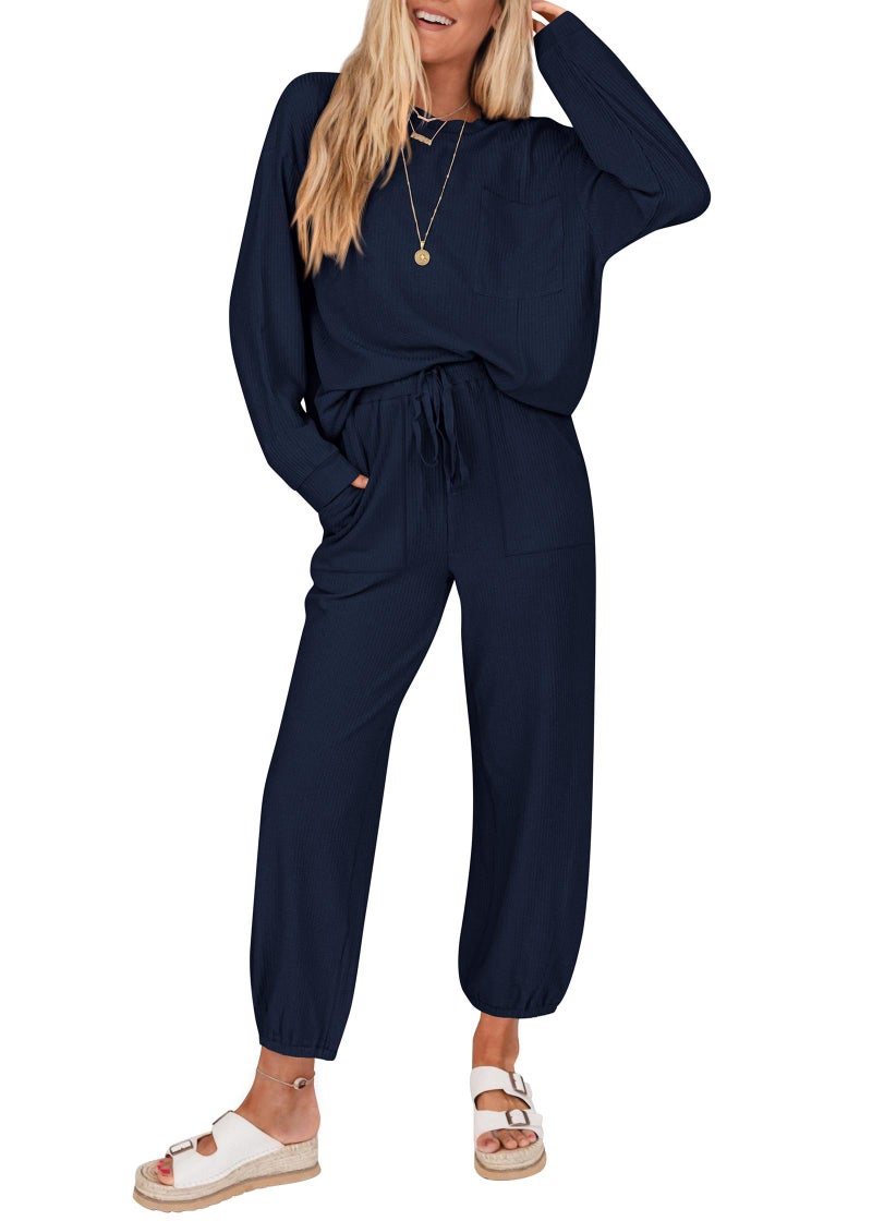 KIRUNDO Lounge Sets for Women 2026 Spring Airport Travel Outfits Ribbed Knit Tops Jogger Pants Tracksuit Postpartum Comfy Set(Navy, Medium) - Image 1