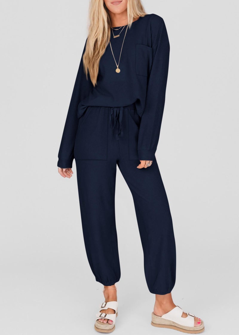 KIRUNDO Lounge Sets for Women 2026 Spring Airport Travel Outfits Ribbed Knit Tops Jogger Pants Tracksuit Postpartum Comfy Set(Navy, Medium) - Image 2