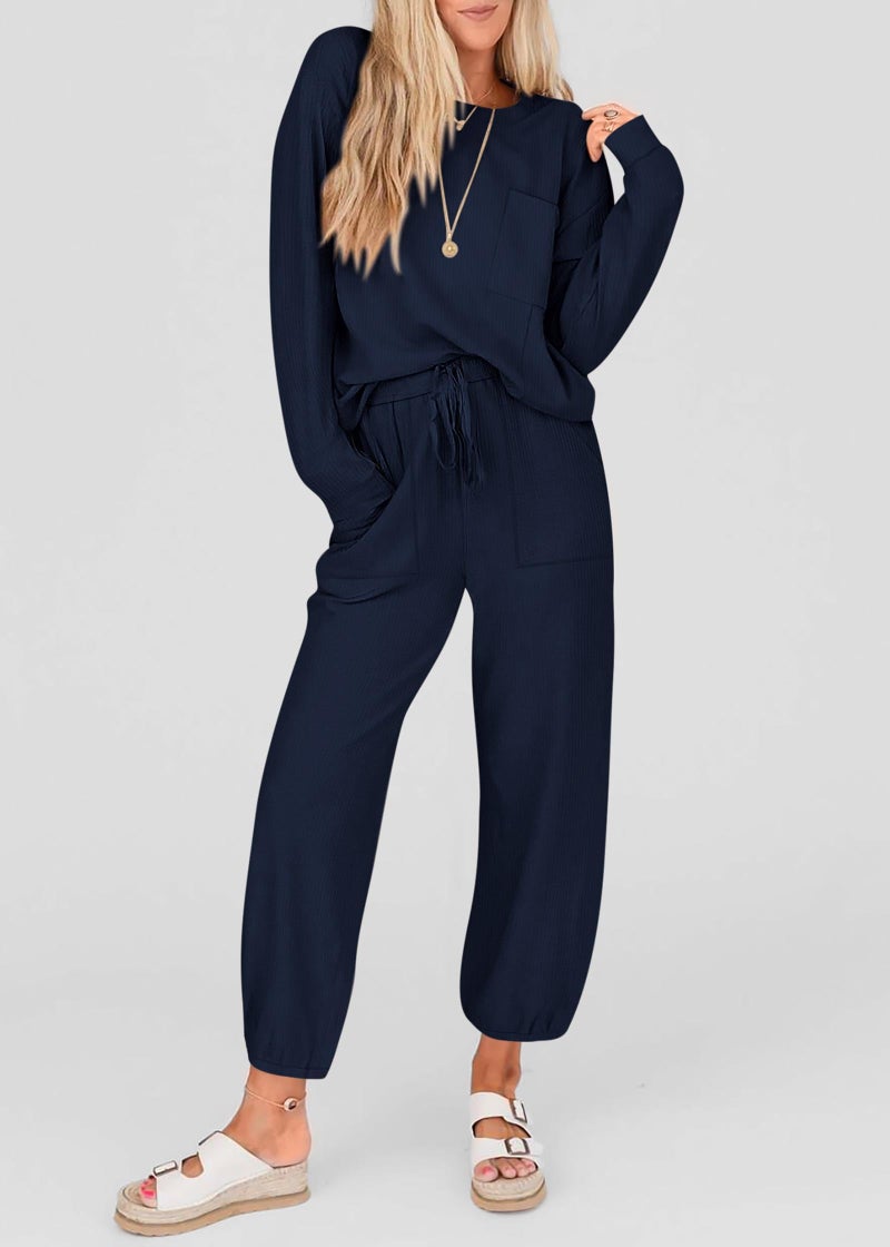 KIRUNDO Lounge Sets for Women 2026 Spring Airport Travel Outfits Ribbed Knit Tops Jogger Pants Tracksuit Postpartum Comfy Set(Navy, Medium) - Image 3