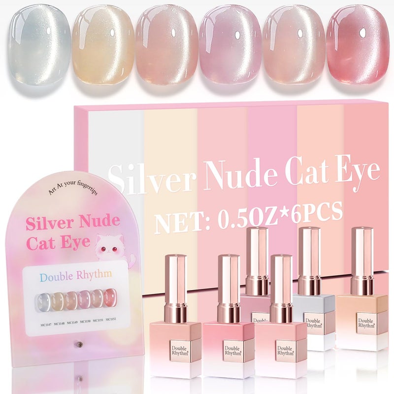 Double Rhythm Cat Eye Gel Nail Polish Set of 6 Same Color Same Bottle 0.5 Oz Shimmer Glitter with Magnet Holographic Reflective Magnetic UV Nail Polish Kit at Home (Silver Nude Pink-T6-27) - Image 1