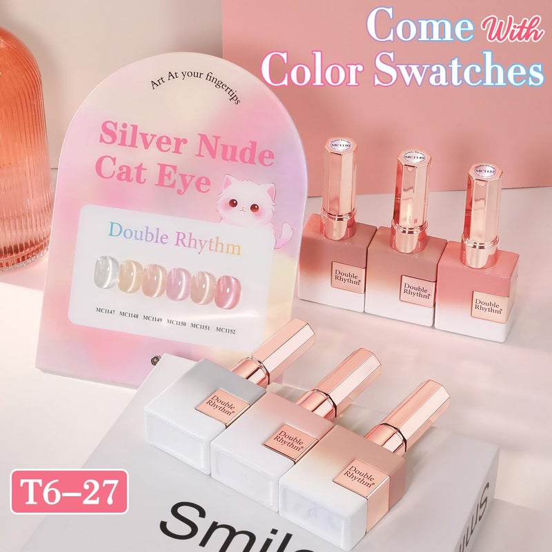 Double Rhythm Cat Eye Gel Nail Polish Set of 6 Same Color Same Bottle 0.5 Oz Shimmer Glitter with Magnet Holographic Reflective Magnetic UV Nail Polish Kit at Home (Silver Nude Pink-T6-27) - Image 2
