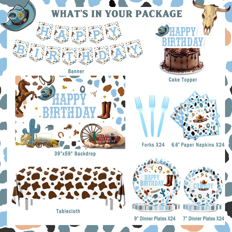 Hombae Cowboy Party Decorations, Rodeo Wild West Birthday Party Decorations for Boys, Western Cowboy Theme Party Supplies Backdrop Balloon Banner Tablecloth Cake Topper Plates Napkins Forks Blue - Image 2