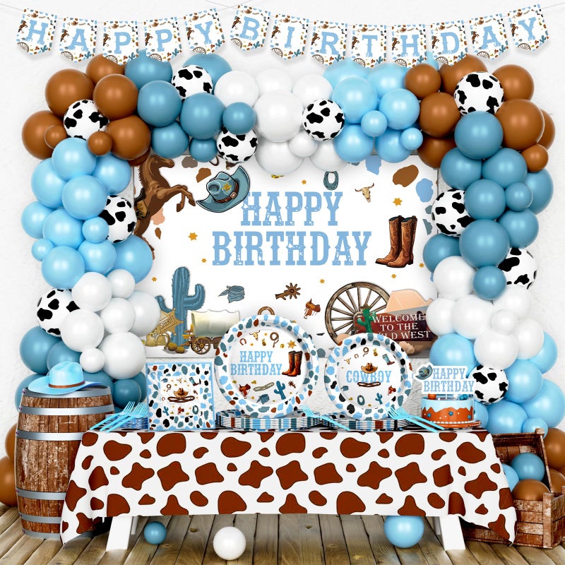 Hombae Cowboy Party Decorations, Rodeo Wild West Birthday Party Decorations for Boys, Western Cowboy Theme Party Supplies Backdrop Balloon Banner Tablecloth Cake Topper Plates Napkins Forks Blue - Image 1
