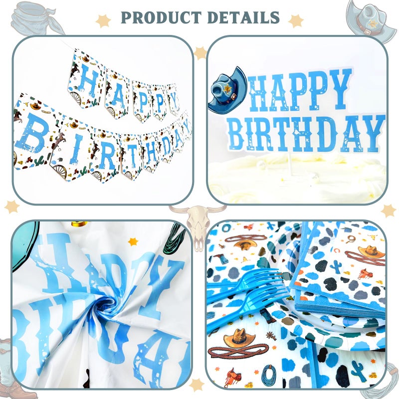 Hombae Cowboy Party Decorations, Rodeo Wild West Birthday Party Decorations for Boys, Western Cowboy Theme Party Supplies Backdrop Balloon Banner Tablecloth Cake Topper Plates Napkins Forks Blue - Image 5
