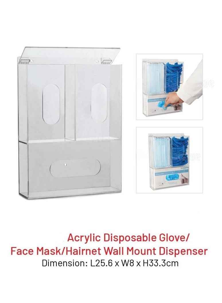 Acrylic Disposable Glove Box Dispenser Holder Triple Glove Rack Face Mask Hairnet Tissue Napkin Dispenser with Lid for Wall Mount Organizer for Food Service, Lab, Medical Office - Image 1
