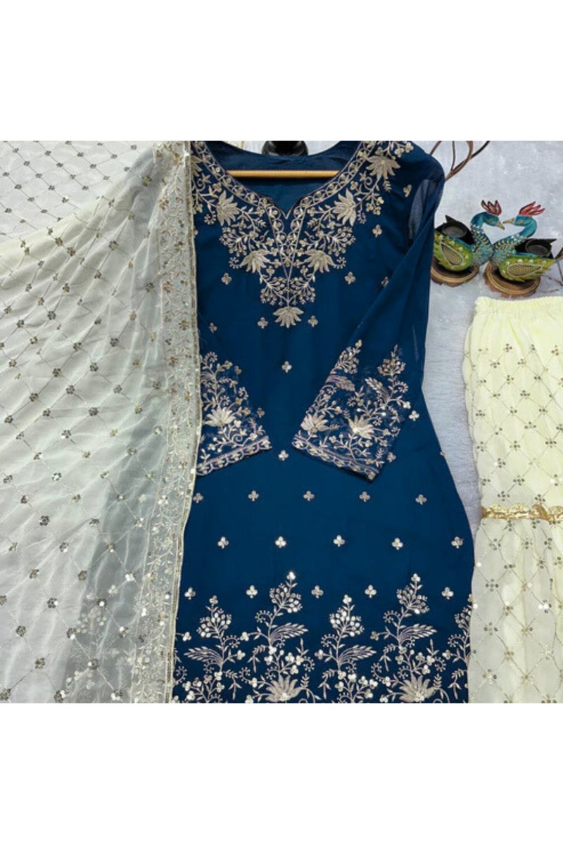 Faux Georgette Top Palazzo & Dupatta Set - HRT5747 - Image 3