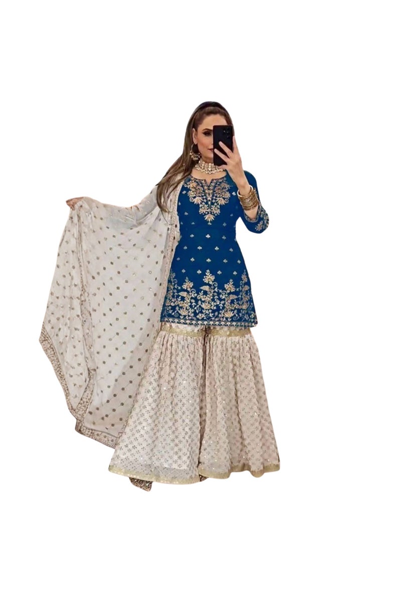 Faux Georgette Top Palazzo & Dupatta Set - HRT5747 - Image 1