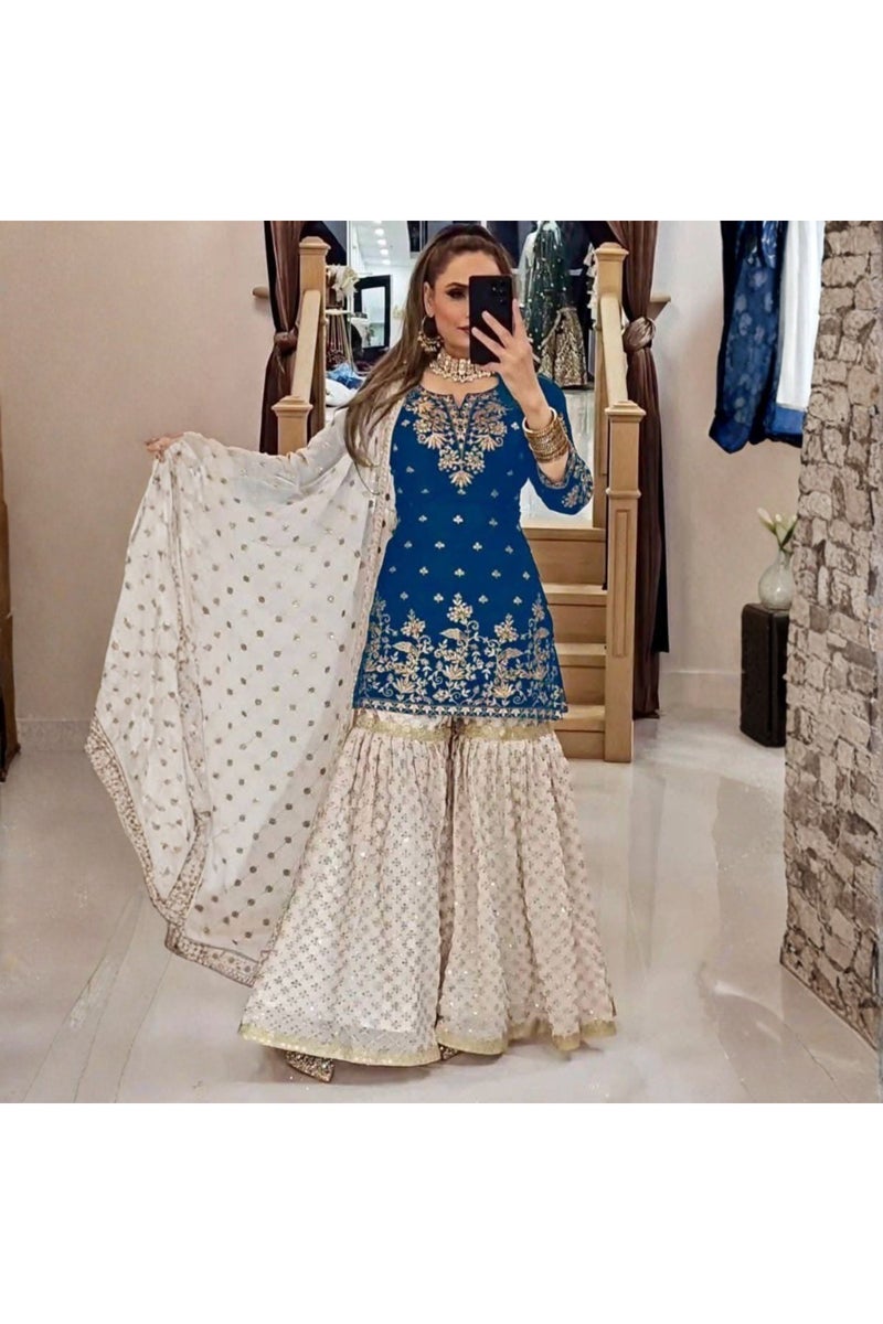 Faux Georgette Top Palazzo & Dupatta Set - HRT5747 - Image 2