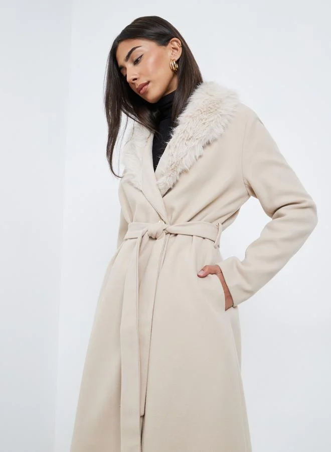 Styli Cream Wool Like Belted Coat with Faux Fur