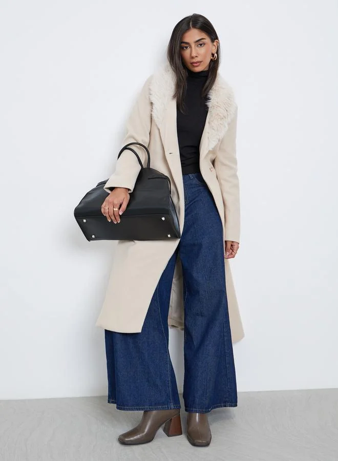 Styli Styli Cream Wool Like Belted Coat with Faux Fur