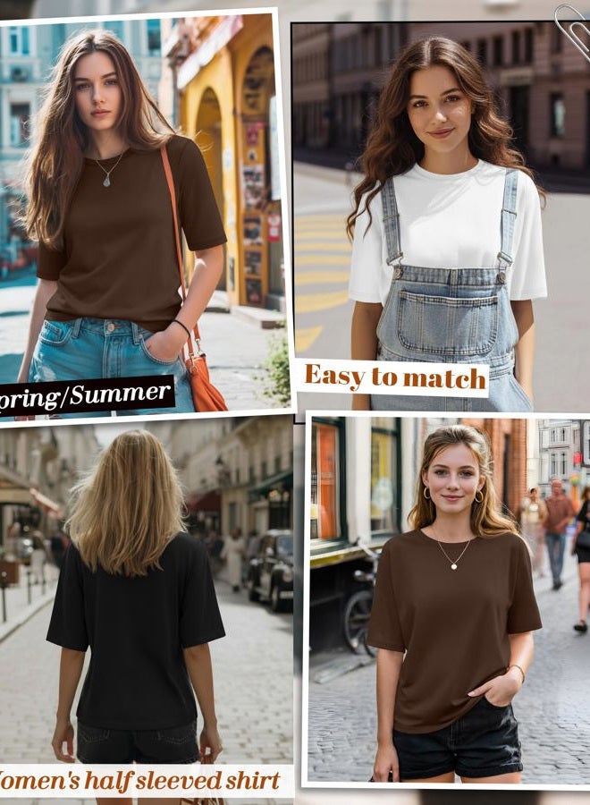 Huukeay 3 Pack Women's Half Sleeve T-Shirts, Crew Neck Elbow Length Tops Loose Casual Basic Tees Summer Cotton Tunic Tops, Black, White, Brown, M - Image 2