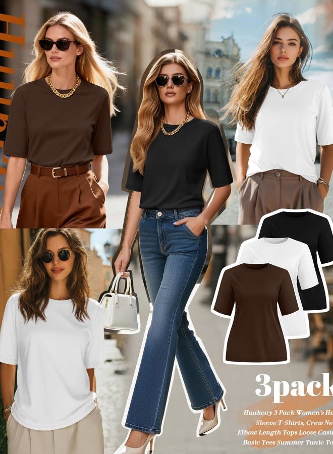 Huukeay 3 Pack Women's Half Sleeve T-Shirts, Crew Neck Elbow Length Tops Loose Casual Basic Tees Summer Cotton Tunic Tops, Black, White, Brown, M - Image 3