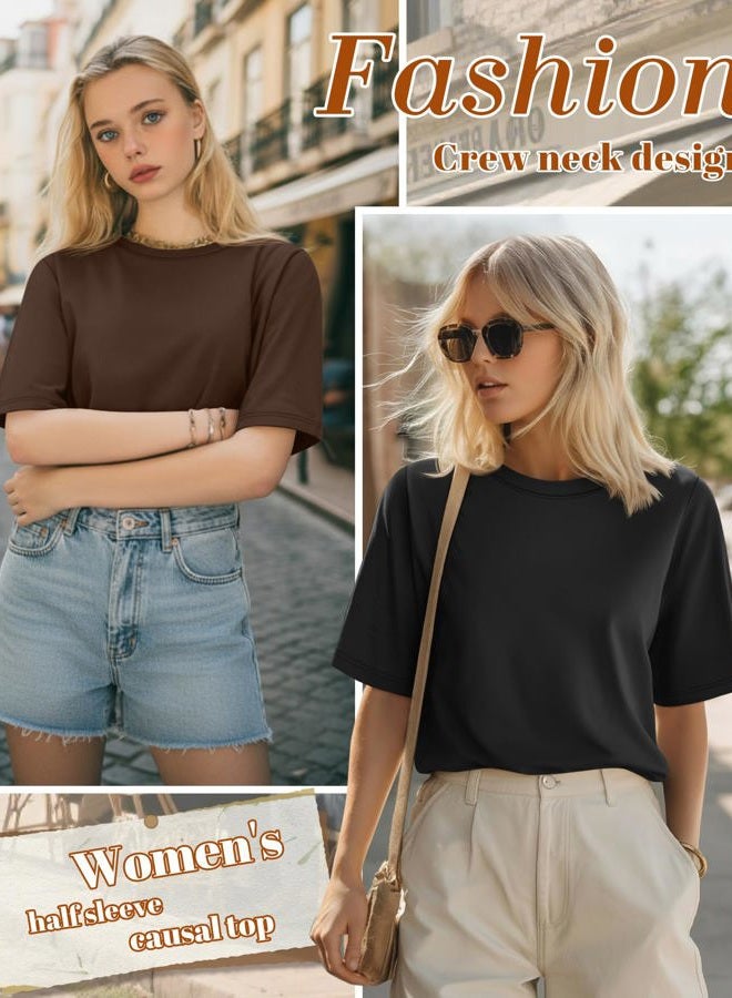 Huukeay 3 Pack Women's Half Sleeve T-Shirts, Crew Neck Elbow Length Tops Loose Casual Basic Tees Summer Cotton Tunic Tops, Black, White, Brown, M - Image 4