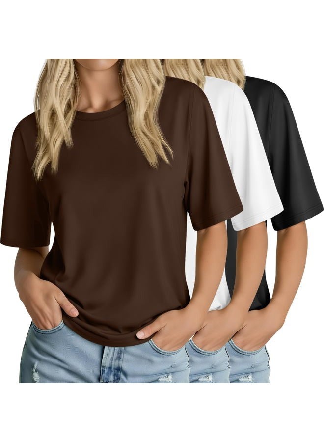 Huukeay 3 Pack Women's Half Sleeve T-Shirts, Crew Neck Elbow Length Tops Loose Casual Basic Tees Summer Cotton Tunic Tops, Black, White, Brown, M - Image 1