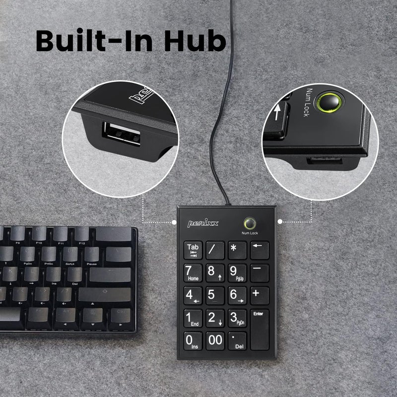 Perixx لوحة مفاتيح رقمية سلكية رفيعة Peripad-202H، مفاتيح مقص من نوع X مع 2 محور USB وزر Tab، أسود - Image 3
