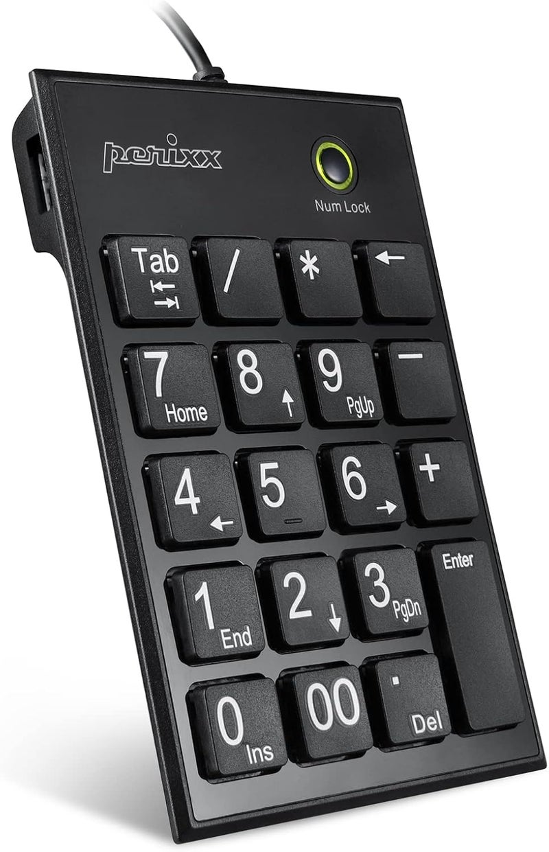 Perixx لوحة مفاتيح رقمية سلكية رفيعة Peripad-202H، مفاتيح مقص من نوع X مع 2 محور USB وزر Tab، أسود - Image 1