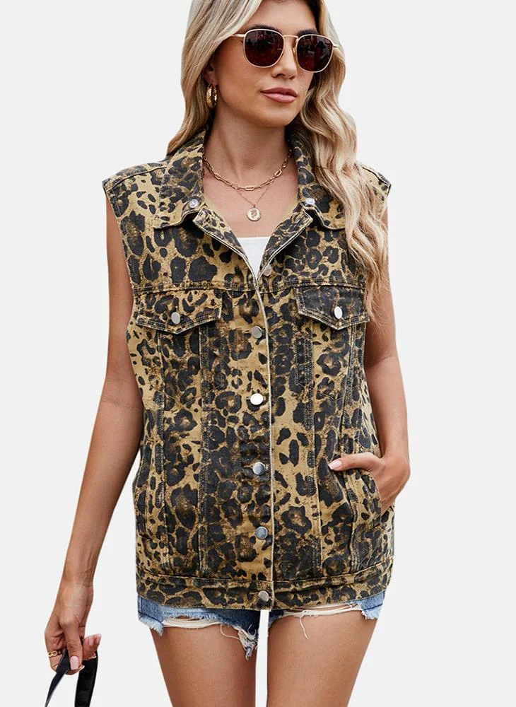 يونيكي Brown Printed Regular Fit Sleeveless Denim Jacket