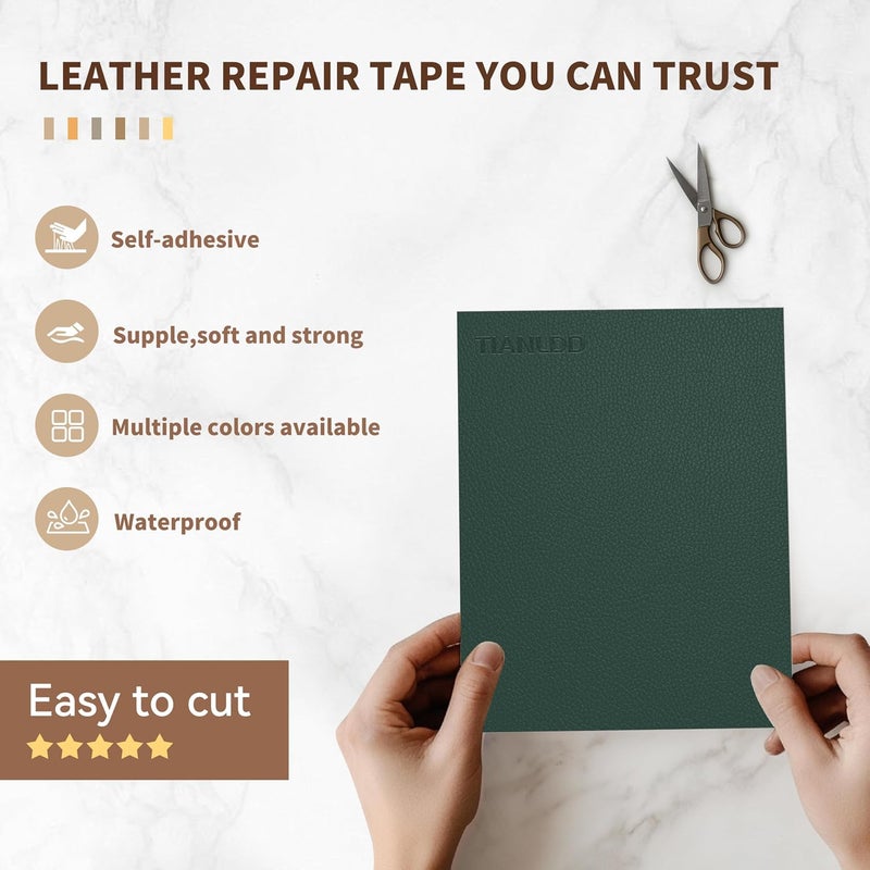 شريط إصلاح الجلد ، 16 × 80 بوصة رقعة إصلاح الجلد ذاتية اللصق، مجموعة إصلاح الجلد للأثاث، الأرائك، مقاعد السيارة، الخزائن، الحقائب اليدوية (أخضر داكن - حبيبات الليتشي) - Image 3