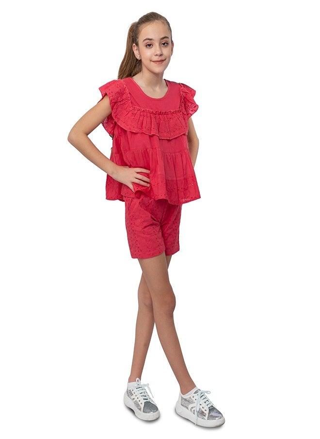 babyqlo Red schiffli frilled top with schiffli short sets for girls  - Image 3