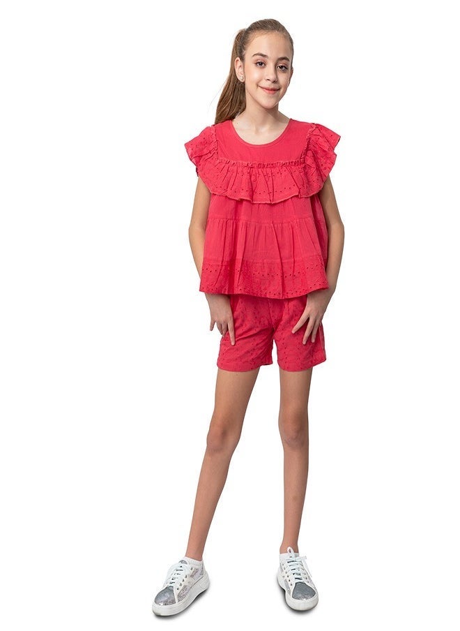 babyqlo Red schiffli frilled top with schiffli short sets for girls  - Image 1