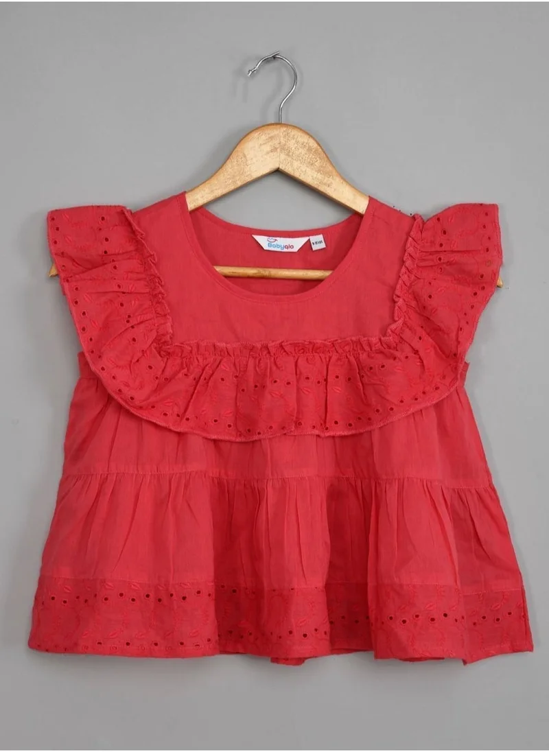 babyqlo Red schiffli frilled top with schiffli short sets for girls