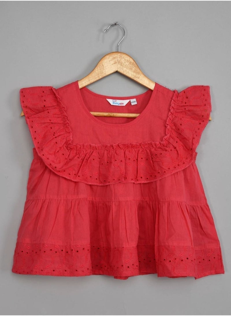 babyqlo Red schiffli frilled top with schiffli short sets for girls  - Image 4