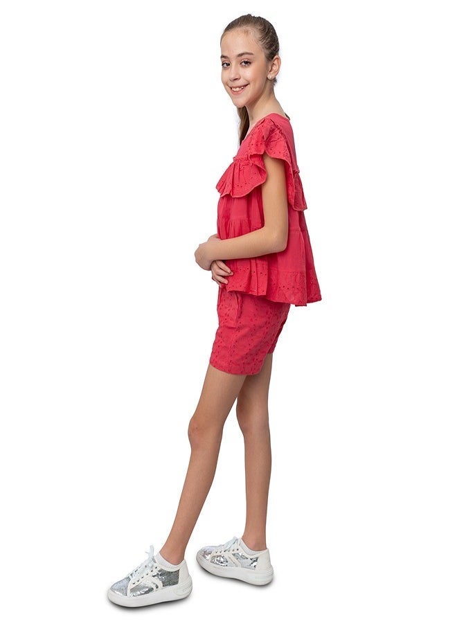 babyqlo Red schiffli frilled top with schiffli short sets for girls  - Image 2