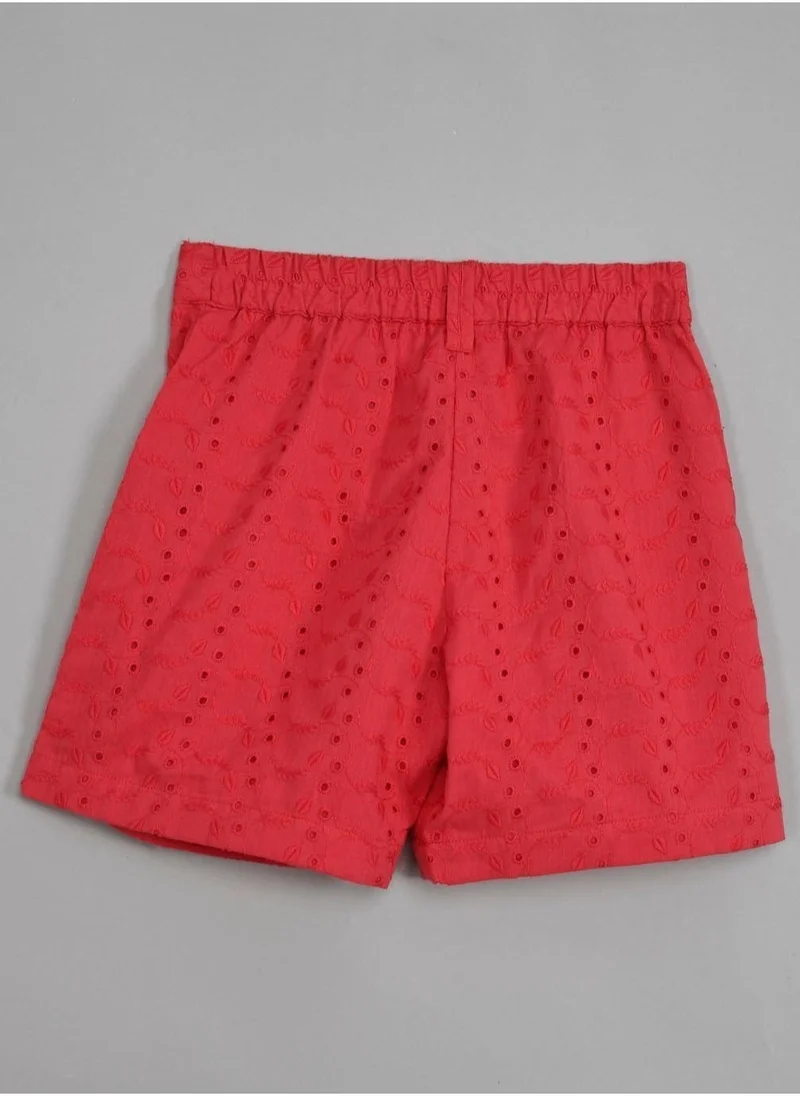 babyqlo Red schiffli frilled top with schiffli short sets for girls