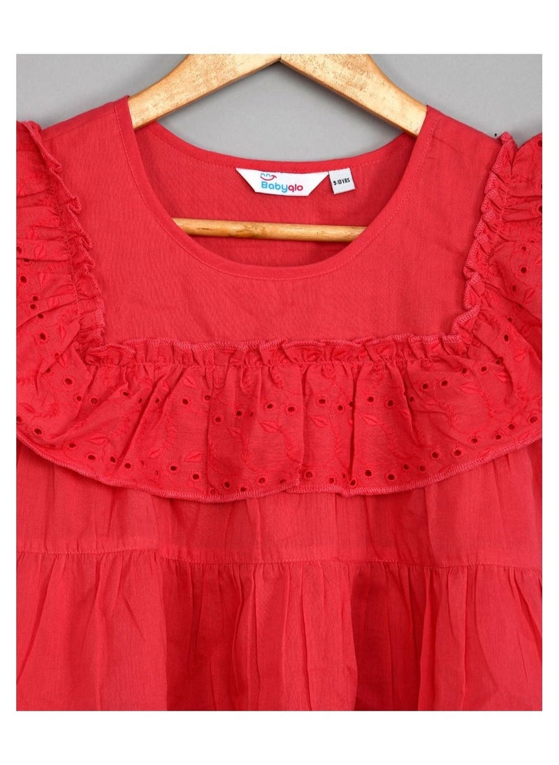 babyqlo Red schiffli frilled top with schiffli short sets for girls  - Image 5