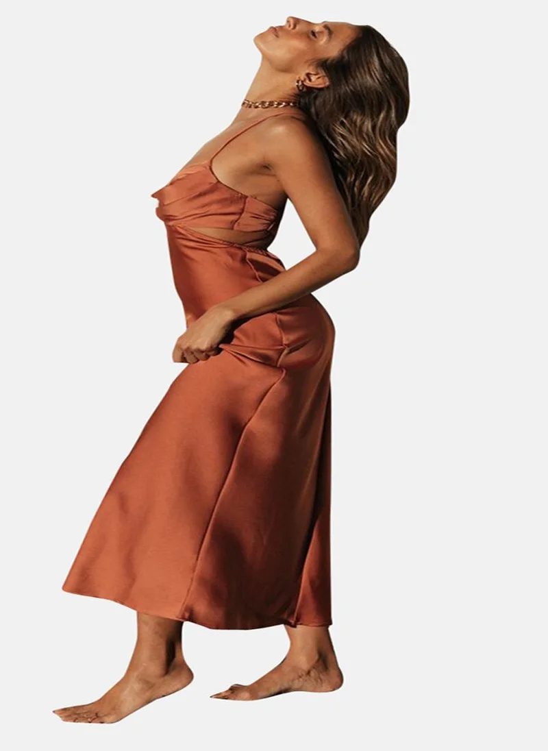 يونيكي Brown Shoulder Straps Maxi Sheath Dress