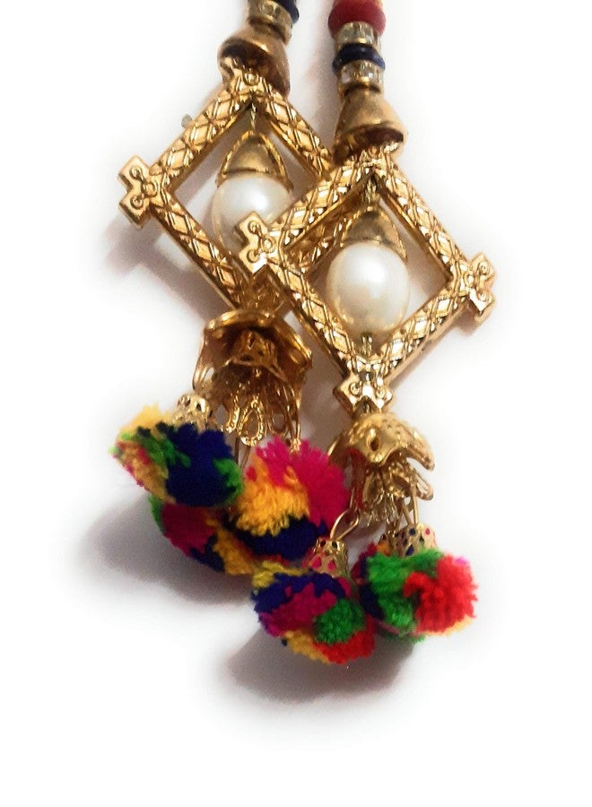 لباس زينة معلقة يدوية الصنع بتصميم عرقي (متعددة الألوان) للنساء، مزينة بكرات بوم بوم وجرس، قطعتان - Image 5