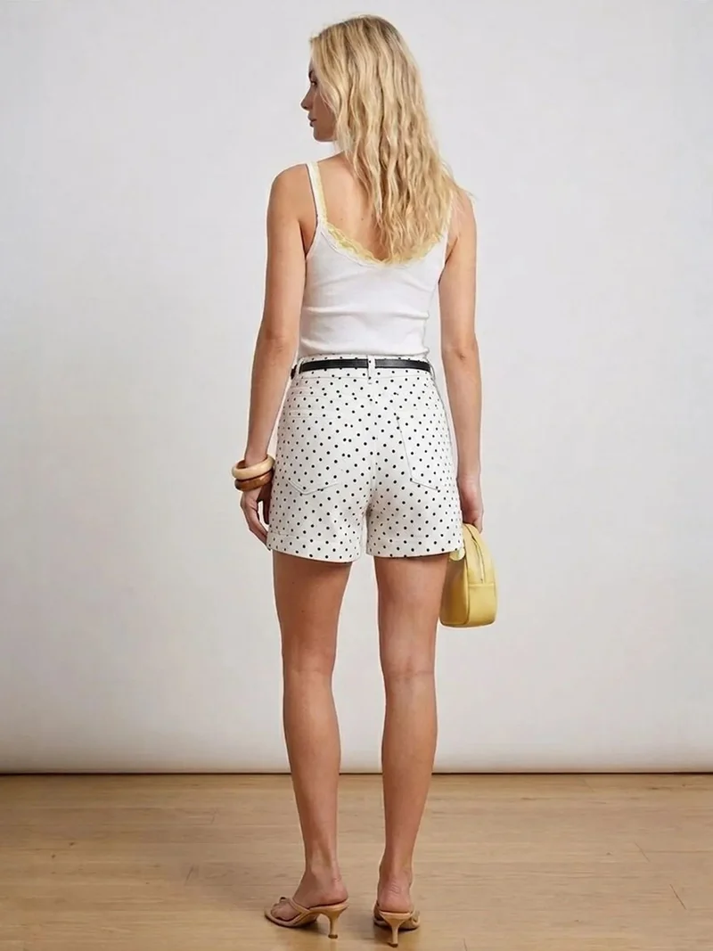 Big Dart Dusty White BDART High-Waist Polka Dot Denim Shorts With Belt for Women | Best Price UAE