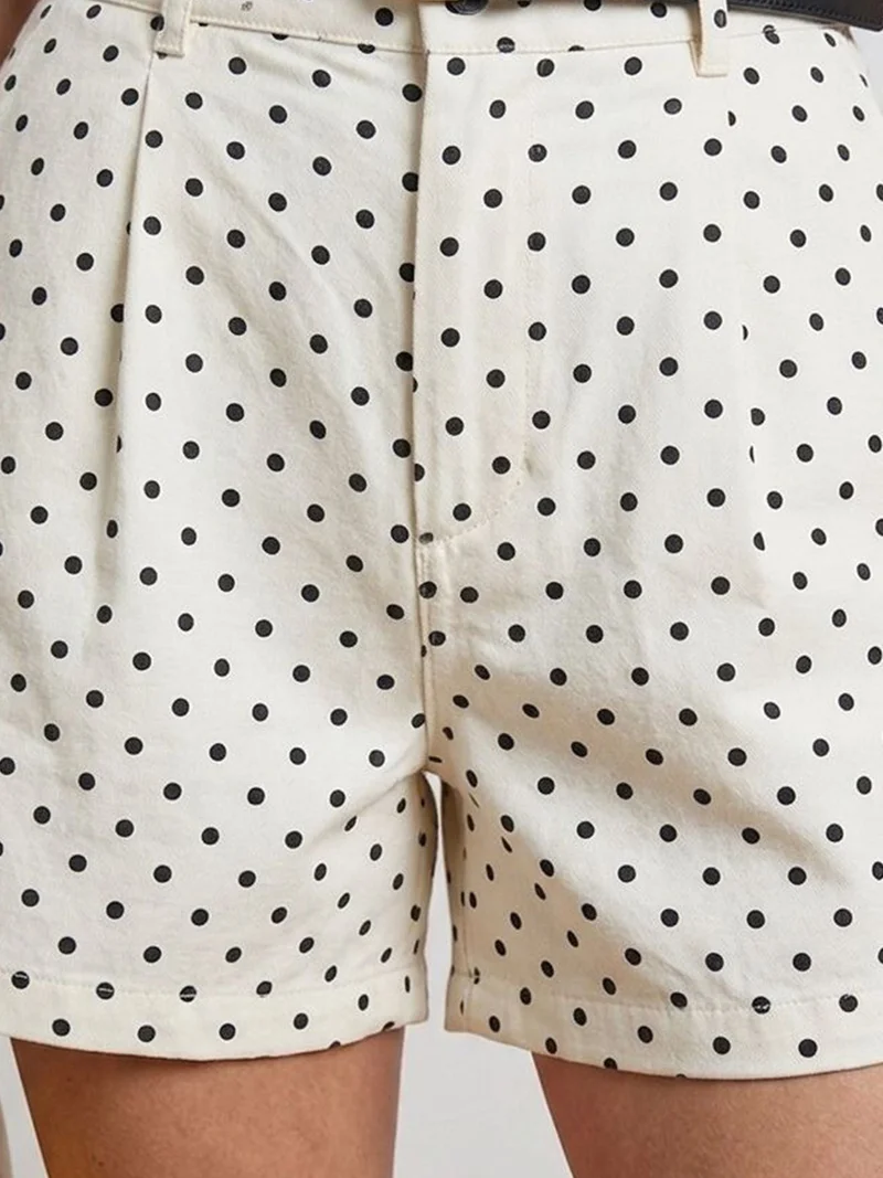 Big Dart Dusty White BDART High-Waist Polka Dot Denim Shorts With Belt for Women | Best Price UAE