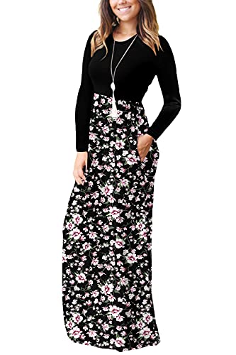 DEARCASE Maxi Dress for Women Floral Black Pink Small Crewneck Boho Long Sleeves Teacher A-line Casual Hawaiian Empire Waist Flowy Party Vintage Spring Fall Winter Floor Dresses with Pocket - Image 2