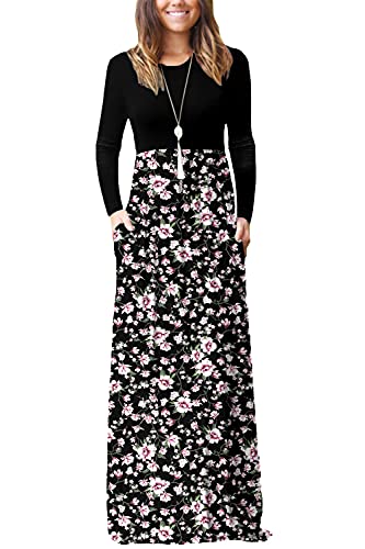 DEARCASE Maxi Dress for Women Floral Black Pink Small Crewneck Boho Long Sleeves Teacher A-line Casual Hawaiian Empire Waist Flowy Party Vintage Spring Fall Winter Floor Dresses with Pocket - Image 5