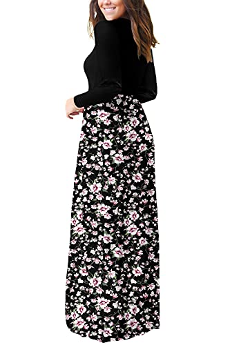 DEARCASE Maxi Dress for Women Floral Black Pink Small Crewneck Boho Long Sleeves Teacher A-line Casual Hawaiian Empire Waist Flowy Party Vintage Spring Fall Winter Floor Dresses with Pocket - Image 3