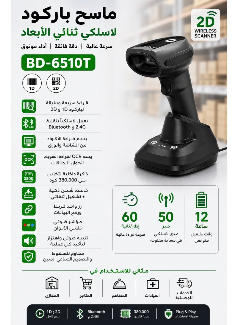 بيرتش قارئ باركود بيرش لاسلكي 1D و2D وQR – ماسح باركود محمول باليد، لون أسود - Image 2