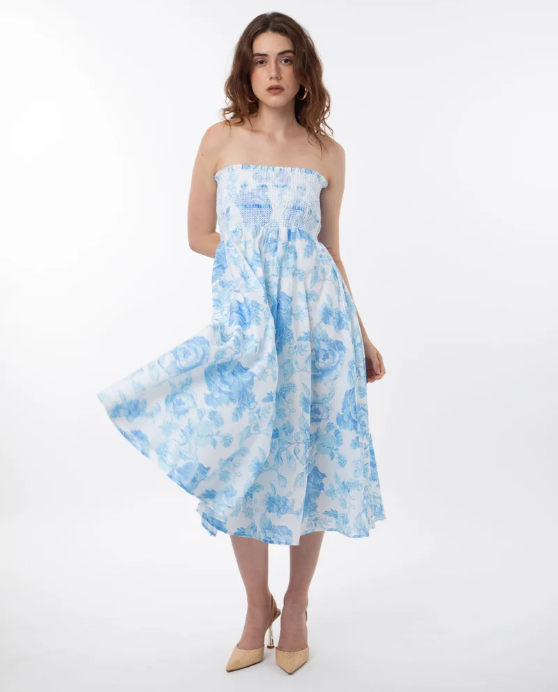 Rareism Rareism Women Rosen Light Blue Cotton Fabric Sleeveless Tube Neck Shoulder Straps Fit And Flare Floral Print Maxi Empire Dress