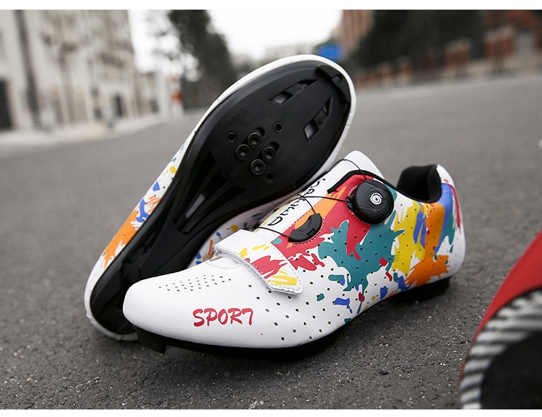 Generic Mountain Bike Lockless Cycling Shoes Mens and Womens Graffiti Road Bike Lock Shoes Hard Sole Dynamic Bicycle Shoes Bicycle Professional Shoes White mountain 