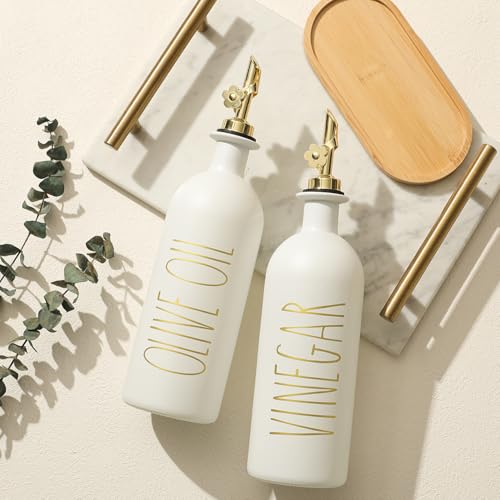 HOMCDALY 16oz Olive Oil Dispenser Bottles for Kitchen, Gold Oil&Vinegar Dispenser Set, Glass Oil Dispenser for Kitchen with Bamboo Tray | Set of 2 (16oz-P-Gold) - Image 4
