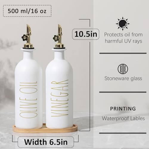 HOMCDALY 16oz Olive Oil Dispenser Bottles for Kitchen, Gold Oil&Vinegar Dispenser Set, Glass Oil Dispenser for Kitchen with Bamboo Tray | Set of 2 (16oz-P-Gold) - Image 3