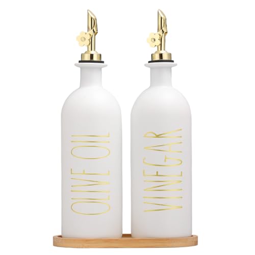 HOMCDALY 16oz Olive Oil Dispenser Bottles for Kitchen, Gold Oil&Vinegar Dispenser Set, Glass Oil Dispenser for Kitchen with Bamboo Tray | Set of 2 (16oz-P-Gold) - Image 1