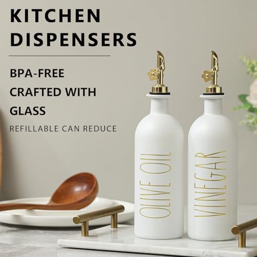 HOMCDALY 16oz Olive Oil Dispenser Bottles for Kitchen, Gold Oil&Vinegar Dispenser Set, Glass Oil Dispenser for Kitchen with Bamboo Tray | Set of 2 (16oz-P-Gold) - Image 2