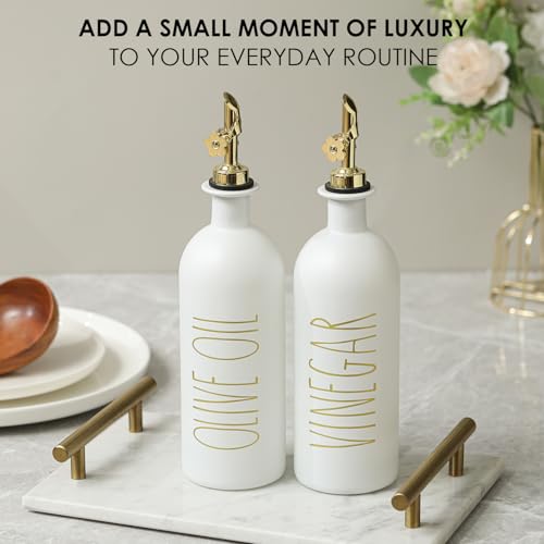 HOMCDALY 16oz Olive Oil Dispenser Bottles for Kitchen, Gold Oil&Vinegar Dispenser Set, Glass Oil Dispenser for Kitchen with Bamboo Tray | Set of 2 (16oz-P-Gold) - Image 5