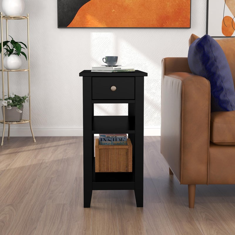 ChooChoo Side Table Living Room, Narrow End Table with Drawer and Shelf, 3-Tier Sofa End Table for Small Space, Black - Image 3